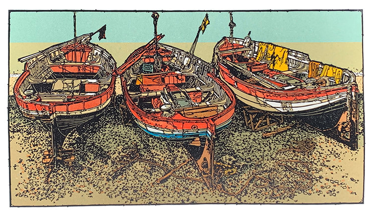 Autumn into Winter Exhibition, Gallery Plus, Warham Road, Wells-next-the-Sea, Norfolk, NR23 1QA | In celebration of H.J. Jackson's new book 'DRAWN TO PRINT' the gallery’s main wall features a collection of his framed linocuts including the book's cover image 'Beached Three'. | Art, gallery, prints, linocuts, HJ Jackson, paintings, ceramics, glass, jewellery, sweaters, hand-made