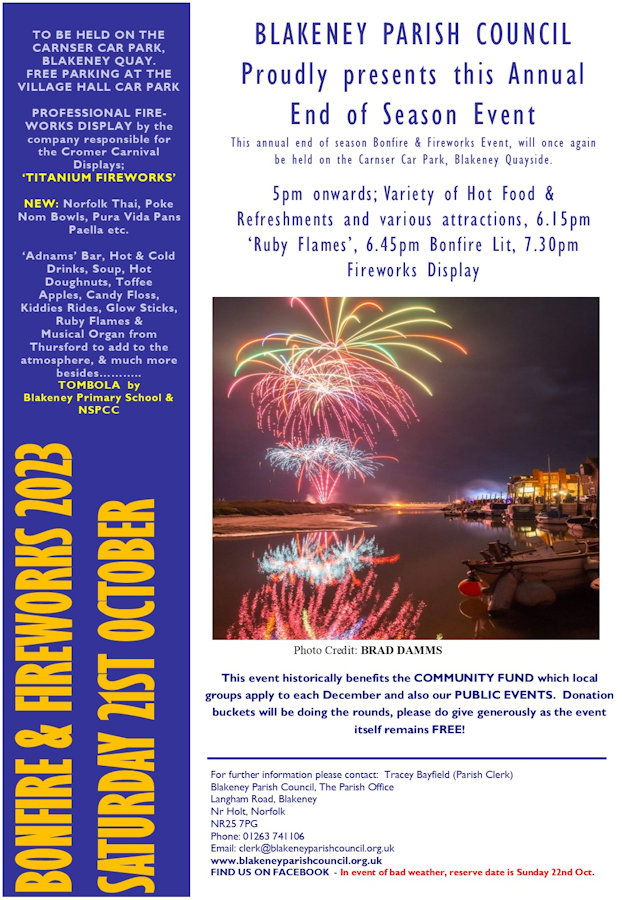 Blakeney End of Season Bonfire & Fireworks Event, Blakeney Quay, Blakeney Parish Council, Blakeney, Norfolk, NR25 7NE | A fun filled family event, the perfect start to the Half Term holidays. | Bonfire Fireworks Family Free Fun Evening Blakeney