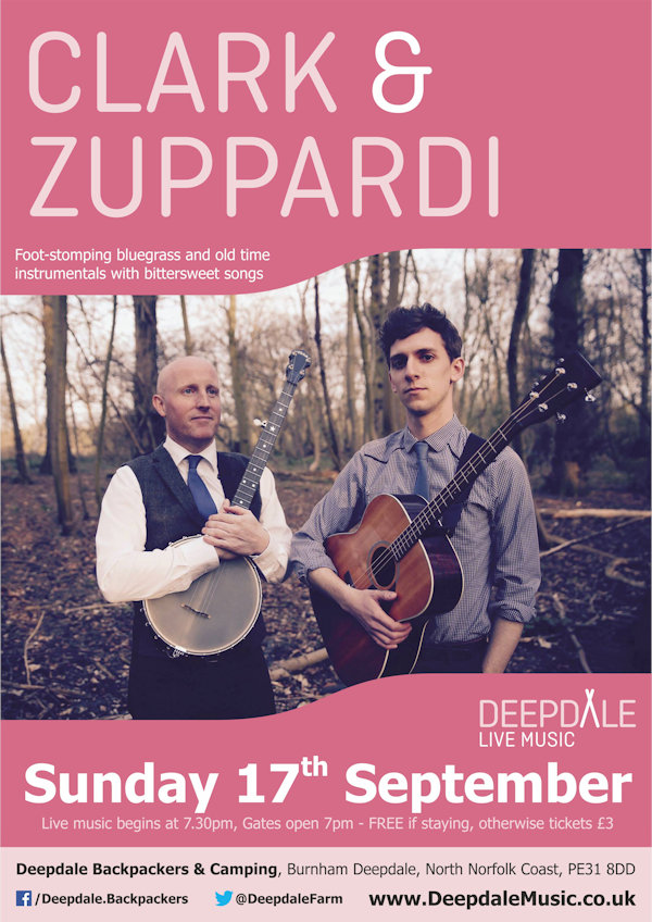 Clark & Zuppardi - Sunday Session, Deepdale Camping & Rooms, Deepdale Farm, Burnham Deepdale, North Norfolk Coast, PE31 8DD | Nic Zuppardi and Adam Clark join forces as Clark & Zuppardi, blending original compositions infused with a passion for foot-stomping bluegrass and old time music with traditional songs and tunes. | deepdale, hygge, festival, music, live, danish, happiness, celebration, north norfolk coast, activities, good, feelings, roaring, fire, foraging, walking, cycling, running, wildlife, nature