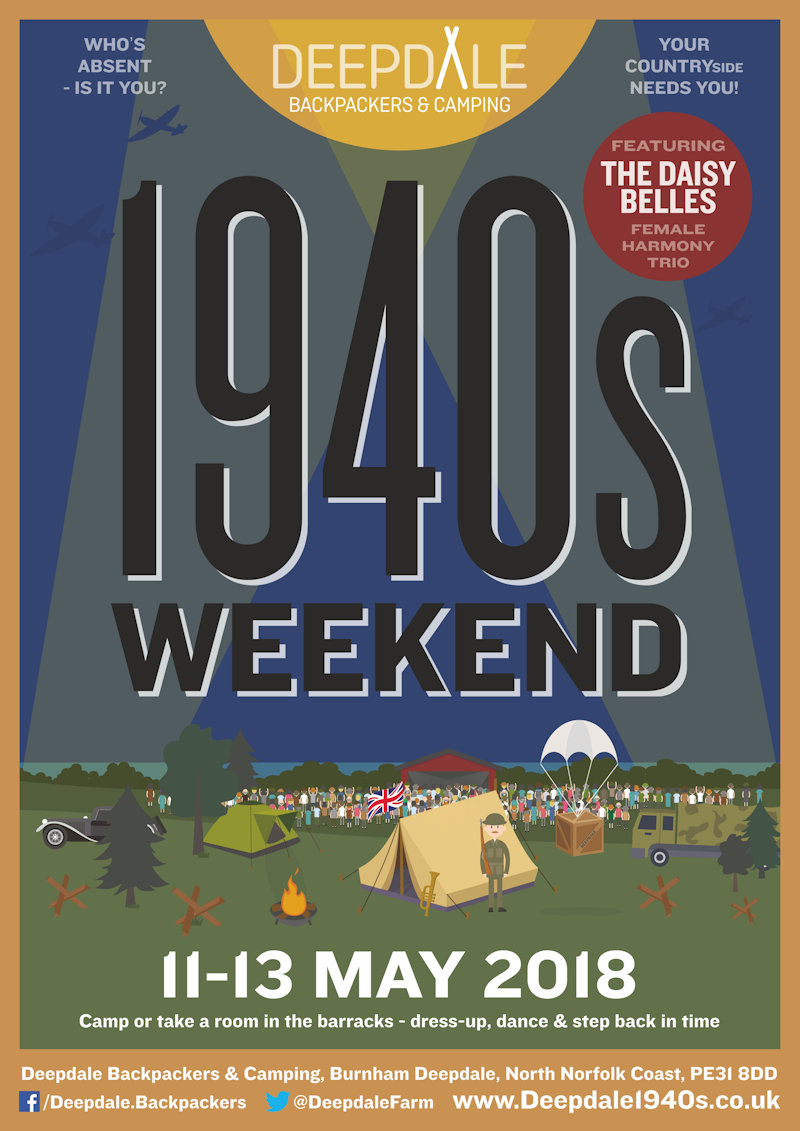 Deepdale 1940s Weekend, Deepdale Camping & Rooms, Deepdale Farm, Burnham Deepdale, North Norfolk Coast, PE31 8DD | When one of our crew suggested a visit to the stylish 1940s, how could we say no ... So we invite you to join us for a step back in time, including 1940s movie night, dance lessons, and the Daisy Belles in concert. | 1940s, weekend, nineteen, forties, daisy, belles, barracks, hairaid, shelter, air, raid, army, navy, force