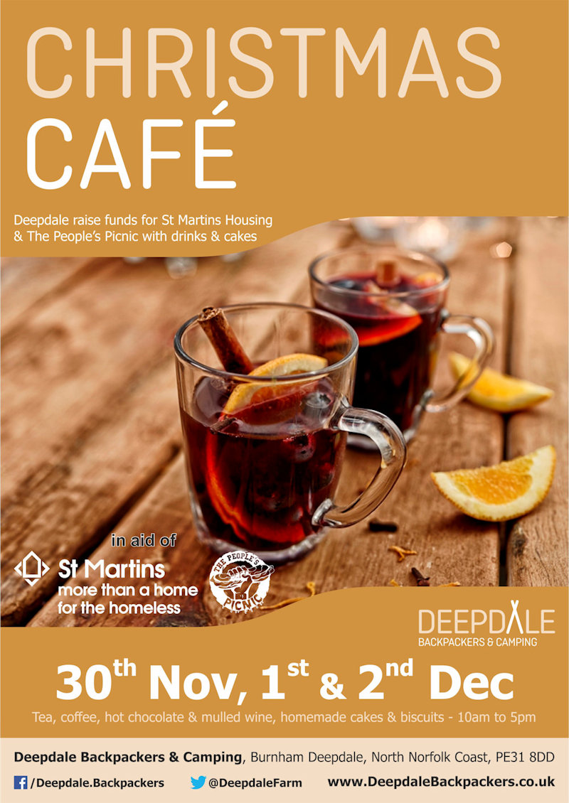 Charity Cafe @ Deepdale Christmas Market, Deepdale Camping & Rooms, Deepdale Farm, Burnham Deepdale, North Norfolk Coast | The crew of Deepdale Camping & Rooms will be serving hot drinks, mulled wine, homemade cakes and biscuits from the kitchen of the backpackers hostel. | christmas, cafe, homelessness, charity, st martins housing, peoples picnic