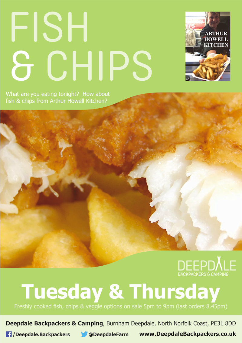 Deepdale Fish & Chips Night, Deepdale Camping & Rooms, Deepdale Farm, Burnham Deepdale, North Norfolk Coast, PE31 8DD | Seriously tasty fish & chips and veggie options from the Arthur Howell Kitchen, served up at Deepdale during the evening.  Eat in the backpackers courtyard, take back to your tent or get a takeaway to take back home with you elsewhere in the village. | street, food, deepdale, backpackers, fish, chips, goujons