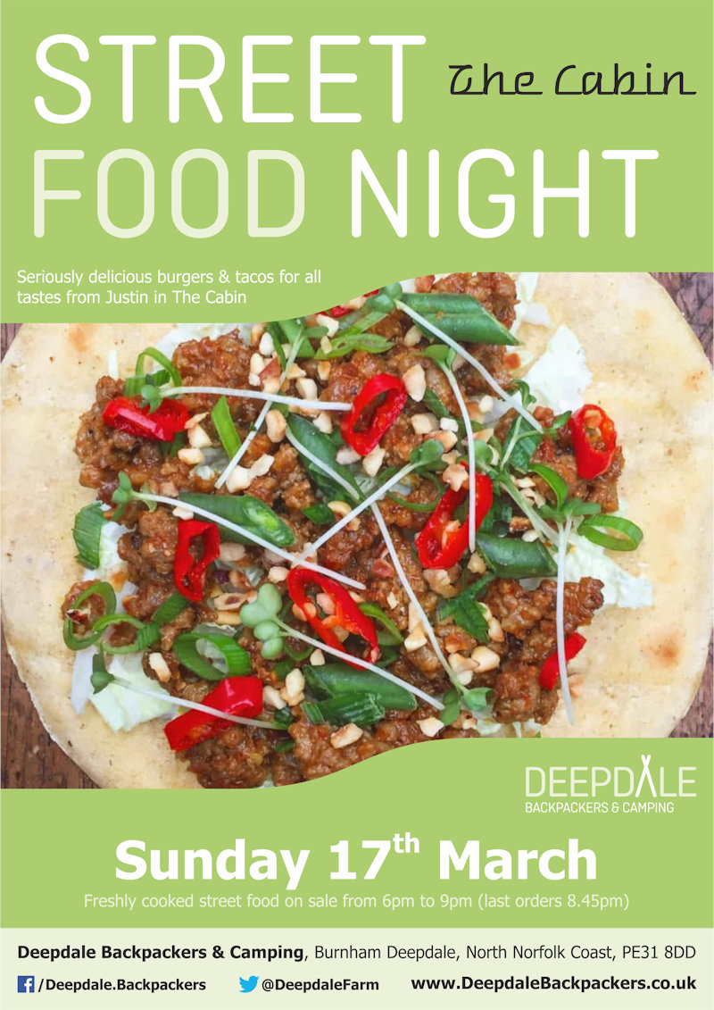 Deepdale Street Food Night, Deepdale Camping & Rooms, Deepdale Farm, Burnham Deepdale, North Norfolk Coast, PE31 8DD | Freshly cooked burgers & tacos from The Cabin (vegan options available), served up at Deepdale Camping & Rooms during the evening. Eat while enjoying live music from the Gentlemen of Few or get a takeaway to take elsewhere in the village. | street, food, deepdale, backpackers, cabin, burgers, wings, fries, tacos