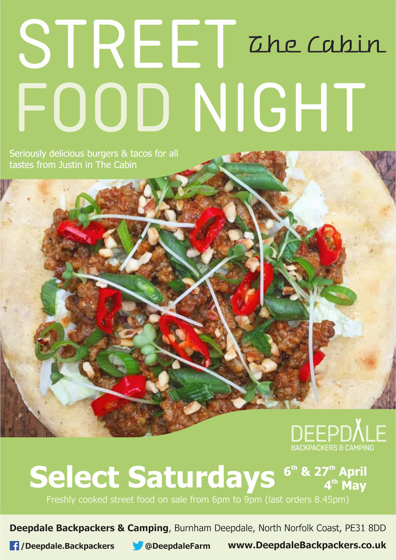Deepdale Street Food Night, Deepdale Camping & Rooms, Deepdale Farm, Burnham Deepdale, North Norfolk Coast, PE31 8DD | Seriously delicious, freshly cooked tacos, burgers & fries from The Cabin, served up at Deepdale Camping & Rooms during the evening.  Eat in the courtyard, take back to your tent or get a takeaway to take elsewhere in the village. | street, food, deepdale, backpackers, cabin, burgers, wings, fries, tacos