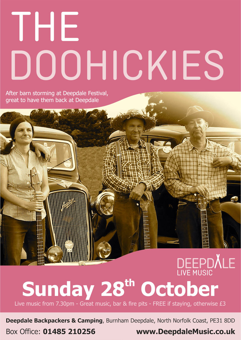 The Doohickies - Sunday Session, Deepdale Camping & Rooms, Deepdale Farm, Burnham Deepdale, North Norfolk Coast, PE31 8DD | The live music programme at Deepdale Camping & Rooms continues with a Sunday Session from the very entertaining Doohickies.  Fabulous to welcome them back after their barn storming performance at Deepdale Festival. | bluegrass, country, folk, hillbilly, deepdale, music, live, happiness, celebration, north norfolk coast, activities, good, feelings, roaring, fire, foraging, walking, cycling, running, wildlife, nature