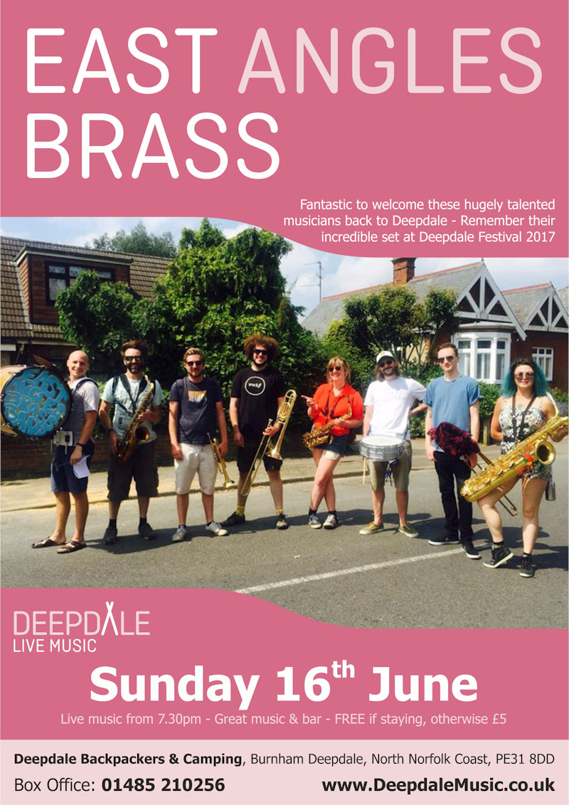 East Angles Brass - Sunday Session, Deepdale Camping & Rooms, Deepdale Farm, Burnham Deepdale, North Norfolk Coast, PE31 8DD | The live music programme at Deepdale Camping & Rooms continues with a courtyard Sunday Session from the immensely talented East Angles Brass.  You may remember their incredible set in our field at Deepdale Festival 2017. | bluegrass, country, folk, hillbilly, deepdale, music, live, happiness, celebration, north norfolk coast, activities, good, feelings, roaring, fire, foraging, walking, cycling, running, wildlife, nature
