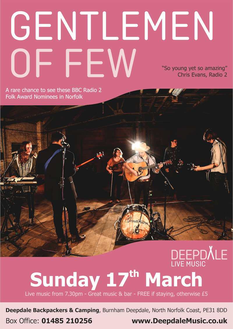 Gentlemen of Few - Sunday Session, Deepdale Camping & Rooms, Deepdale Farm, Burnham Deepdale, North Norfolk Coast, PE31 8DD | The live music programme at Deepdale Camping & Rooms continues with a brick barn Sunday Session from the superb Gentlemen of Few.  Really excited about hosting these hugely talented guys, going to be a great night. | bluegrass, country, folk, hillbilly, deepdale, music, live, happiness, celebration, north norfolk coast, activities, good, feelings, roaring, fire, foraging, walking, cycling, running, wildlife, nature