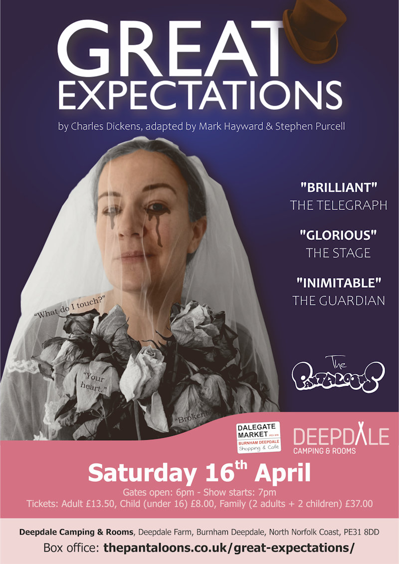 Great Expectations - Comedy Theatre, Brick Barn, Deepdale Camping & Rooms, Deepdale Farm, Burnham Deepdale, Norfolk, PE31 8DD | We are really looking forward to welcoming back The Pantaloons for Great Expectations, with their hilarious take on this classic story. | indoor, theatre, pantaloons, play, performance, comedy, great, expectations, 