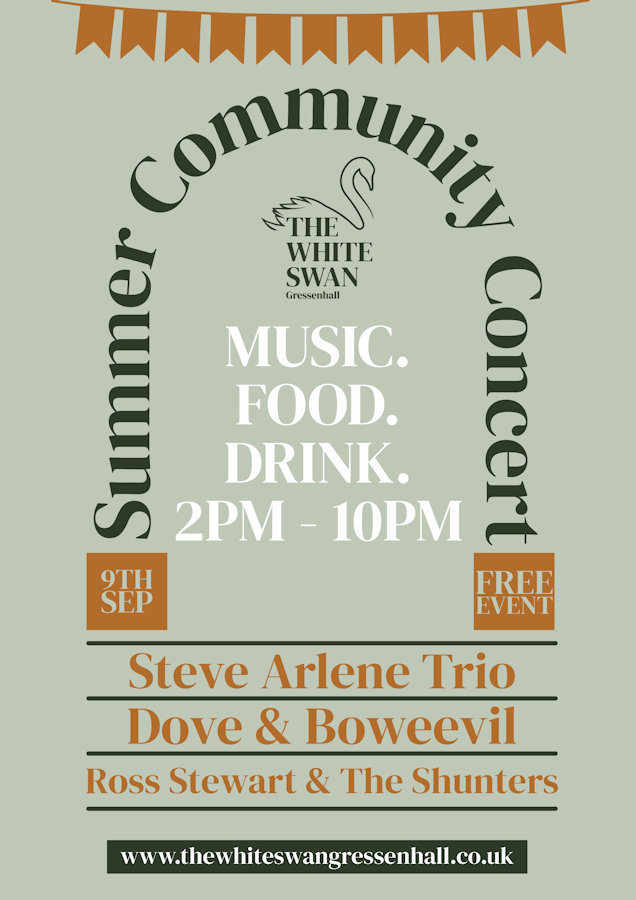 Gressenhall Summer Community Concert, White Swan, Gressenhall, The Green, Gressenhall, Dereham, Norfolk, Norfolk, NR20 4DU | A free family friendly event. LIVE MUSIC, STONEBAKED PIZZA. HOMEMADE PUB FOOD. ALES AND BEERS | LIVE MUSIC. FAMILY FRIENDLY. NORFOLK PUB. COMMUNITY CONCERT