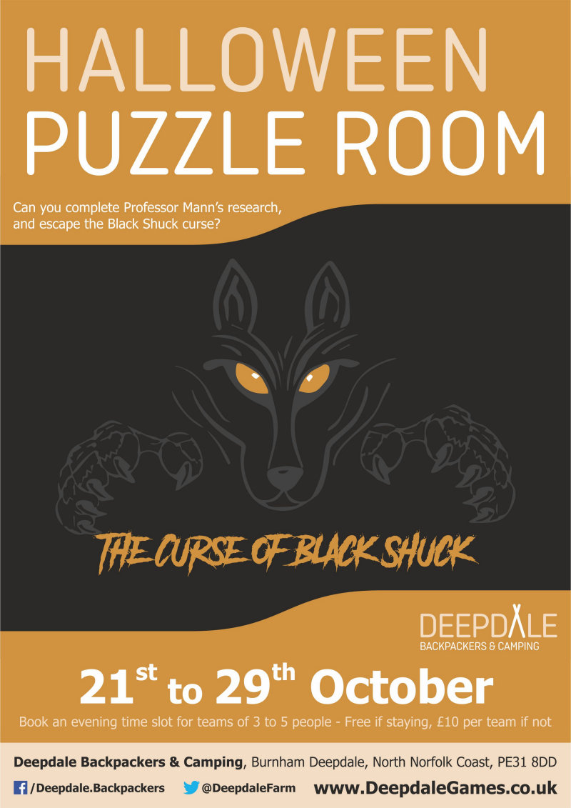 Halloween Puzzle Room - Curse of Black Shuck, Deepdale Camping & Rooms, Deepdale Farm, Burnham Deepdale, North Norfolk Coast, PE31 8DD | Can you break the curse of Black Shuck?  Complete the research of the lost professor by completing the puzzles to avoid the curse! | halloween, puzzles, room, black, shuck, deepdale, backpackers, camping, curse, solve, games, north, norfolk, coast