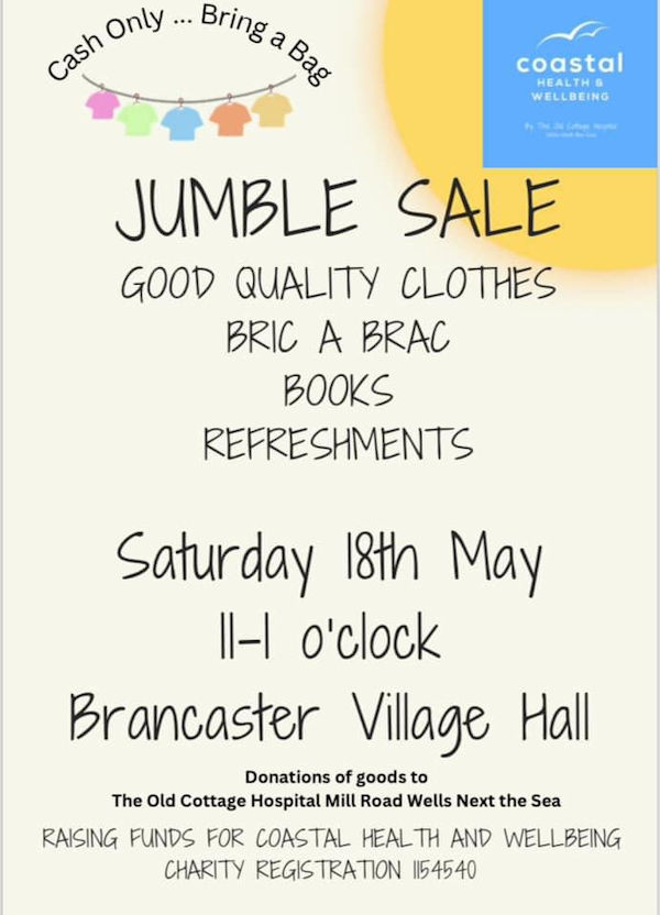 Jumble Sale |  | Brancaster Village Hall, Brancaster, Norfolk, PE31 8AA 