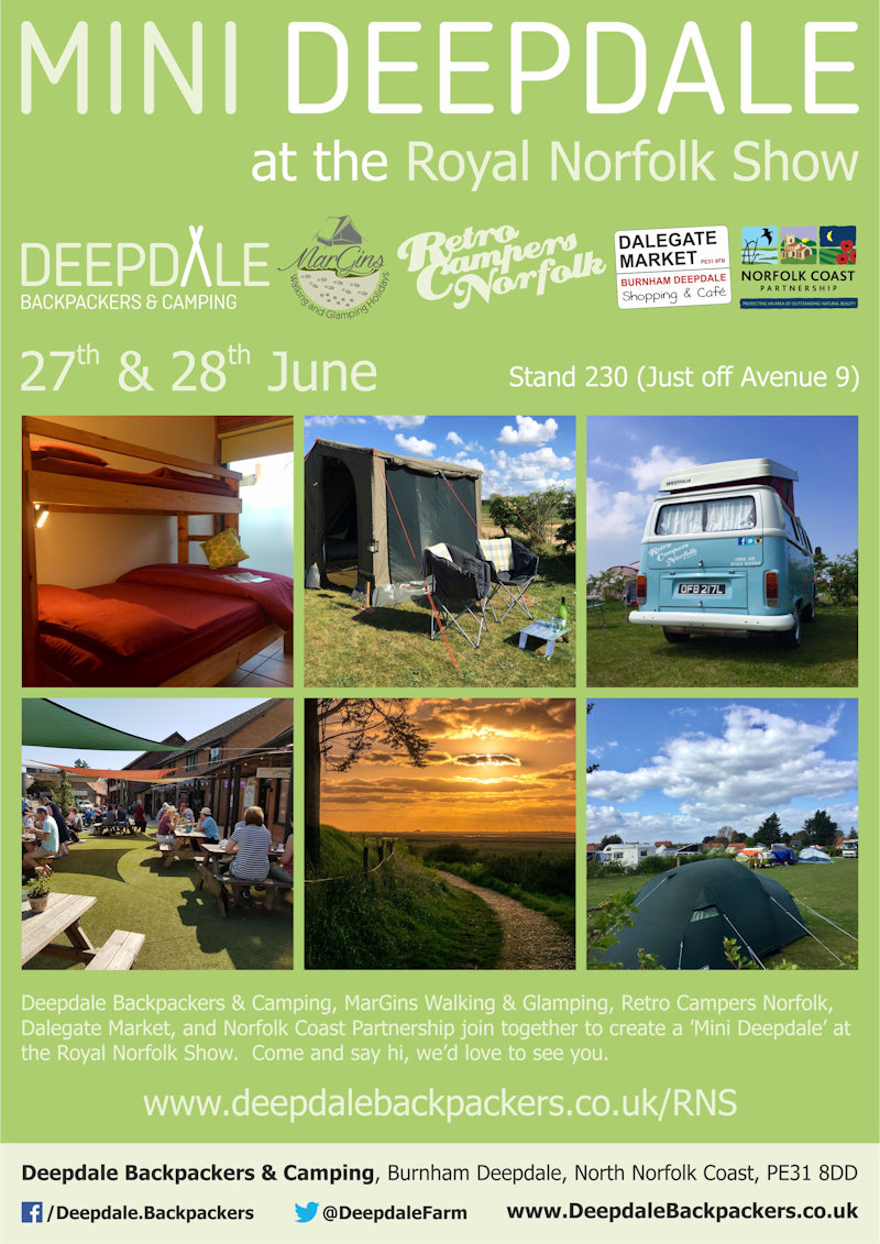 Mini Deepdale Royal Norfolk Show Competition, Stand 230, The Tourism Village, Royal Norfolk Show or Online | Deepdale Camping & Rooms, MarGins Walking & Glamping, Retro Campers Norfolk, Dalegate Market, and Norfolk Coast Partnership have put together a wonderful collection of prizes for this competition. You could win by simply filling out this form. | competition, deepdale, margins, backpackers, hostel, campsite, camping, walking, glamping, travel, retro, campers, norfolk, area, outstanding, natural, beauty, dalegate, market, coast, aonb