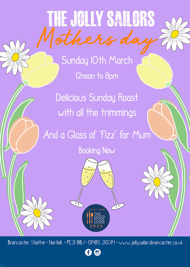 Mother's Day Sunday Roast, The Jolly Sailors, Main Road, Brancaster Staithe, Norfolk, PE318BJ | The Jolly Sailors are serving a special Mothers Day Sunday Roast | Sunday roast, Roast Dinner, Food, Drink, Mothers Day, Book Now
