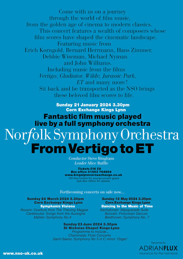 NSO Concert - From Vertigo to ET, Corn Exchange Theatre and Cinema, Tuesday Market Place, King's Lynn , Norfolk, PE30 1JW | An afternoon filled with fantastic film music from the golden age of cinema to modern classics.  | music, classical