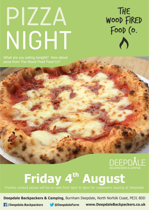 Deepdale Pizza Night, Deepdale Camping & Rooms, Deepdale Farm, Burnham Deepdale, North Norfolk Coast, PE31 8DD | Very very tasty wood fired pizzas from The Wood Fired Food Co, served up at Deepdale Camping & Rooms during the evening.  Eat in the backpackers courtyard, take back to your tent or get a takeaway to take back home with you elsewhere in the village. | pizza, night, deepdale, backpackers, wood, fired, pizza, company, camping, campsite, evening, meal