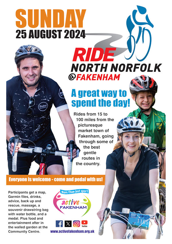 Ride North Norfolk, Fakenham Community Centre, Oak Street, Fakenham, Norfolk, NR21 9SR | A friendly community cycle ride with signage, support and sustenance. Live music, food, barbecue, massage and more at the community centre. Rides from 15 to 102 ,miles. | Cycling, North Norfolk, Fakenham, Sportive, Sportif, 