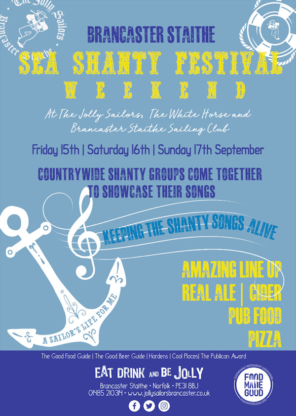 Sea Shanty Festival, The Jolly Sailors, Brancaster Staithe, Norfolk, PE31 8DD | A weekend of shanty music, real ales, ciders, pub food and live music from shanty groups from around the UK in various venues around Brancaster Staithe & Burnham Deepdale on the beautiful North Norfolk Coast. | jolly, sailors, brancaster, staithe, norfolk, weekend, real, ales, ciders, live, music