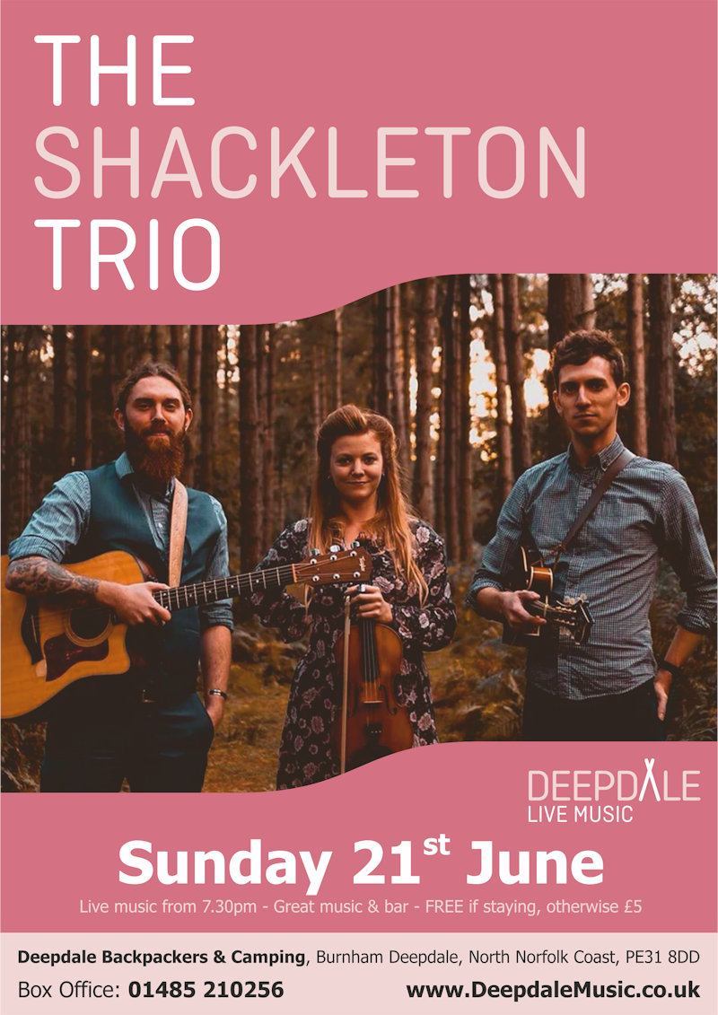 The Shackleton Trio - Sunday Session, Deepdale Camping & Rooms, Deepdale Farm, Burnham Deepdale, Norfolk, PE31 8DD | The live music programme at Deepdale Camping & Rooms continues with a courtyard Sunday Session from The Shackleton Trio.  The perfect soundtrack to a weekend exploring the North Norfolk Coast. | shackleton, trio, sunday, session, live, music, gig, concert