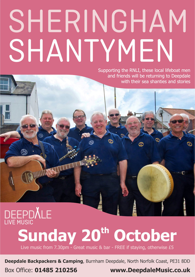 The Sheringham Shantymen - Sunday Session, Deepdale Camping & Rooms, Deepdale Farm, Burnham Deepdale, North Norfolk Coast, PE31 8DD | The live music programme at Deepdale Camping & Rooms continues with a courtyard Sunday Session from the The Sheringham Shantymen.  The perfect soundtrack to a weekend exploring the North Norfolk Coast. | shanties, sea, shanty, deepdale, music, live, happiness, celebration, north norfolk coast, activities, good, feelings, roaring, fire, foraging, walking, cycling, running, wildlife, nature
