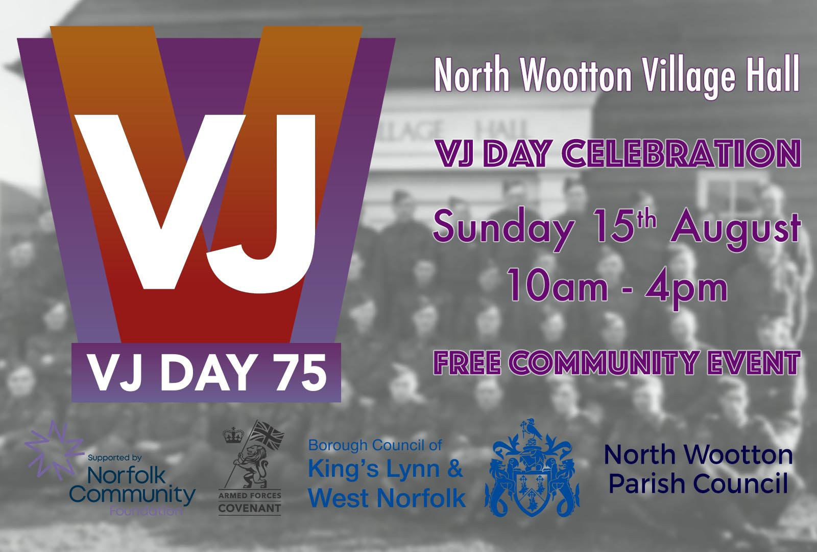 VJ Day Celebration, North Wootton Village Hall, Priory Lane, North Wootton, Norfolk, PE30 3PT | A celebration of the 75th anniversary of the end of World War II (postponed from 2020) | VJ day, War, Free, North Wootton, North West norfolk, West Norfolk, Kings Lynn