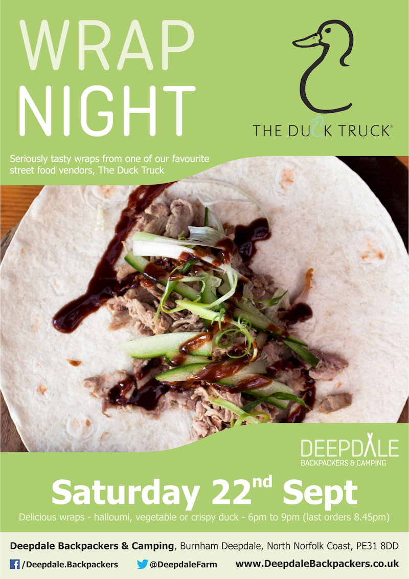 Deepdale Wrap Night, Deepdale Camping & Rooms, Deepdale Farm, Burnham Deepdale, North Norfolk Coast, PE31 8DD | Seriously tasty duck & vegetarian wraps from the ever wonderful Duck Truck, served up at Deepdale during the evening.  Eat in the backpackers courtyard, take back to your tent or get a takeaway to take back home with you elsewhere in the village. | pizza, night, deepdale, backpackers, wrap, duck, vegetable, hummus, halloumi, company, camping, campsite, evening, meal