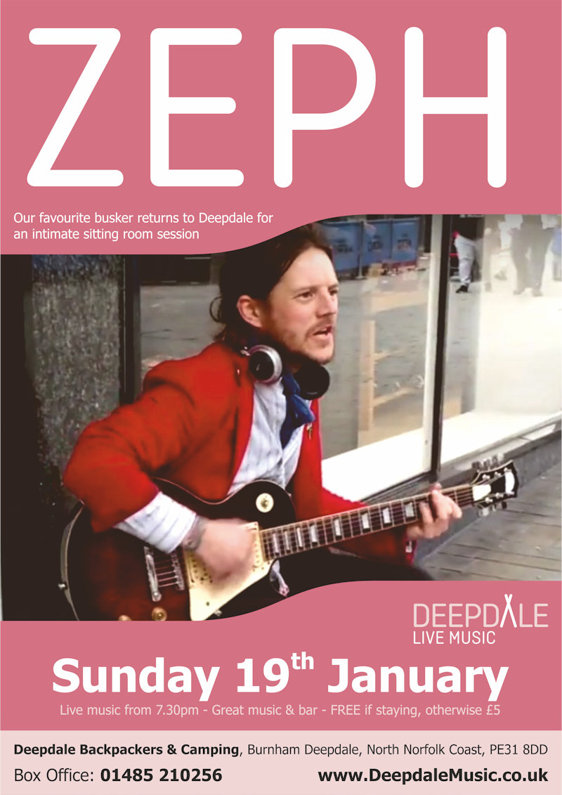 Zeph - Sunday Session, Deepdale Camping & Rooms, Deepdale Farm, Burnham Deepdale, Norfolk, PE31 8DD | The live music programme at Deepdale Camping & Rooms continues with a sitting room Sunday Session from our favourite busker, Zeph.  The perfect excuse to escape to the beautiful North Norfolk Coast in January. | zeph, sunday, session, live, music, gig, concert