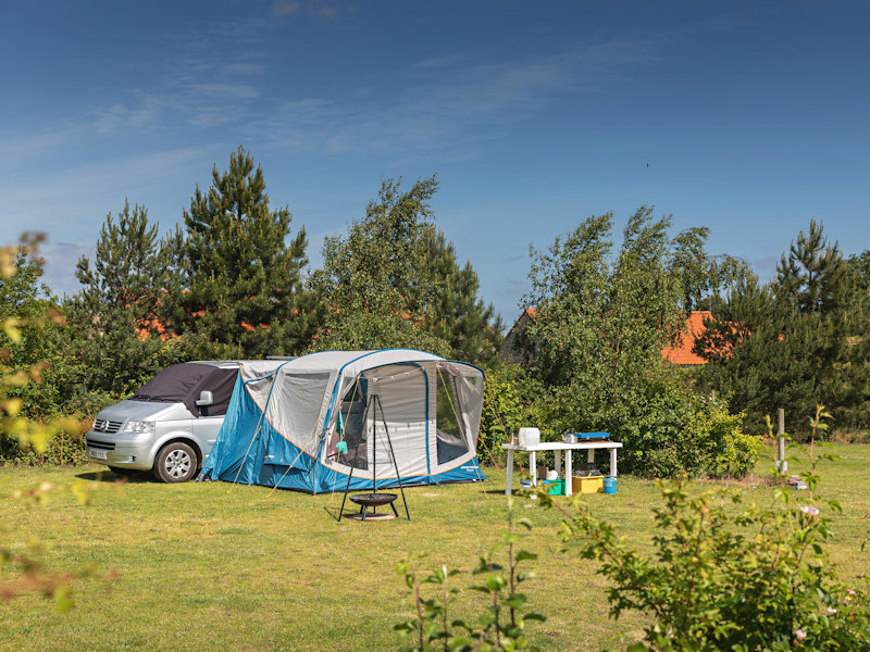 VW van and awning at Deepdale Camping | Campsite for Tents Campervans Motorhomes | Deepdale Farm, Burnham Deepdale, North Norfolk Coast, England