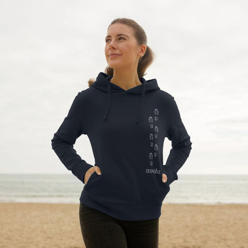 Deepdale Footprints Design - Womens Organic Cotton Pull Over Hoodie - The Deepdale moto is 'Leave only footprints' and so the print of a walking boot has become our unofficial icon.The Deepdale hoodies  t-shirts are created by Teemill, printed to order and made from organic cotton using renewable energy. Each item is designed to be sent back when worn out, and new products are made from the material that's recovered.