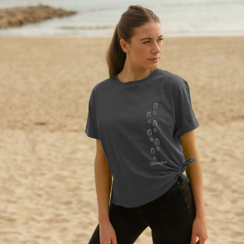Deepdale Footprints Design - Womens Organic Cotton T-shirt - The Deepdale moto is 'Leave only footprints' and so the print of a walking boot has become our unofficial icon.The Deepdale hoodies  t-shirts are created by Teemill, printed to order and made from organic cotton using renewable energy. Each item is designed to be sent back when worn out, and new products are made from the material that's recovered.