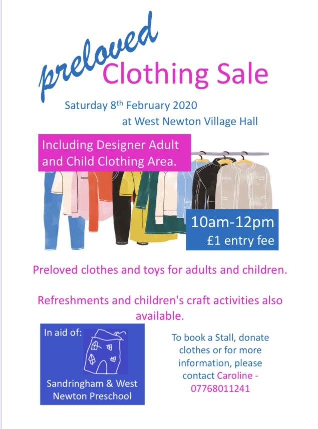 Preloved Clothing Sale, Weston Newton Village Hall, West Newton, Norfolk, PE31 6AY | High end brand, great quality preloved clothes. Come along and grab a bargain! | Sale, clothes, bargains, shopping, children, family, free, fair, kids