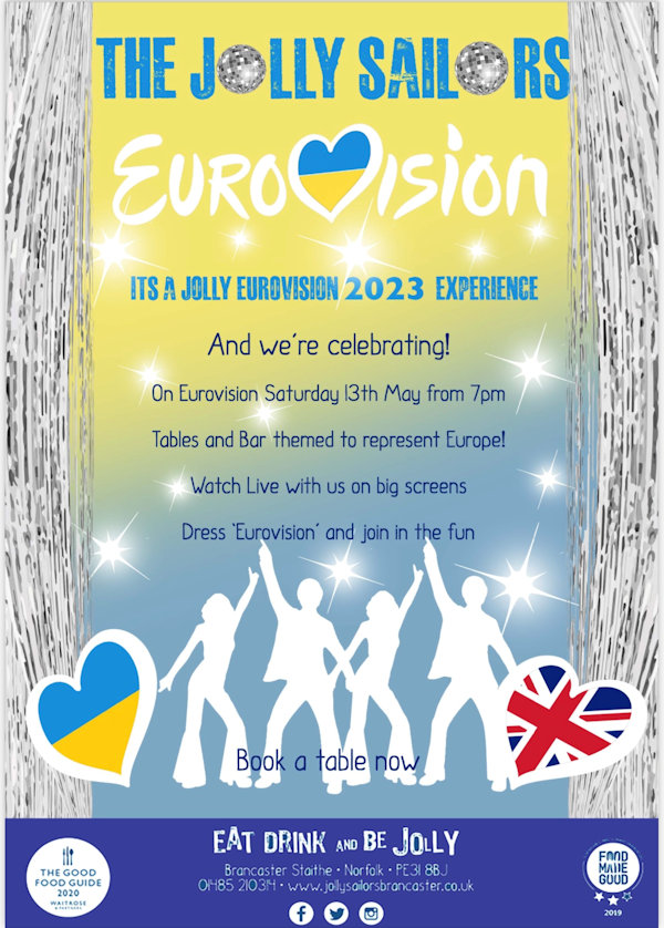 Eurovision 2023 at The Jolly Sailors, The Jolly Sailors, Brancaster Staithe, United Kingdom, PE318BJ | It's a Jolly Eurovision 2023 Experience | Eurovision, live, drinks, entertainment