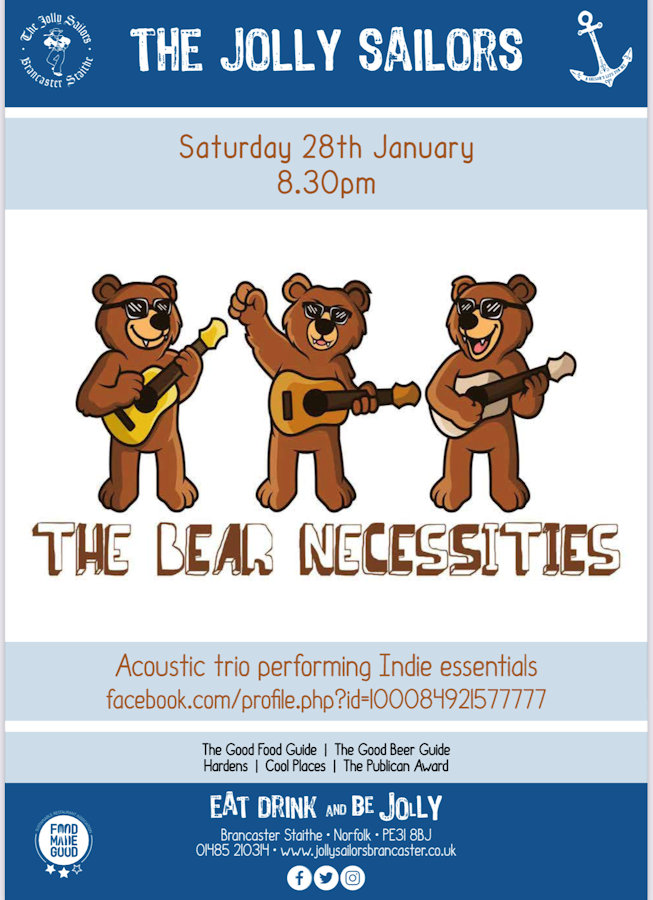 The Bear Necessities - Live Music, The Jolly Sailors, Brancaster Staithe, Norfolk, PE31 8BJ | The Bear Necessities | Music, live music, drinks, free entry, entertainment