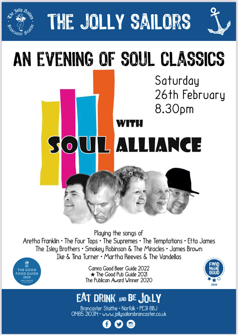 Live Music - Soul Alliance, The Jolly Sailors, Brancaster Staithe, Norfolk, PE318BJ | Live Music Saturday night featuring Soul Alliance | Live music, music, band, Motown, soul,