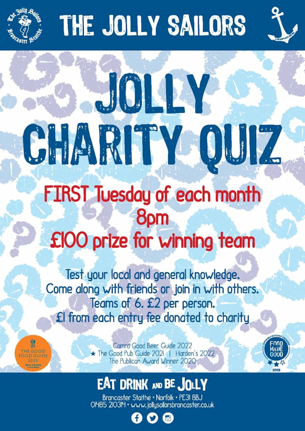 Jolly Charity Quiz, The Jolly Sailors, Main Road, Norfolk, Brancaster staithe | The Jolly Sailors Monthly Charity Quiz | Jolly, Quiz, Charity