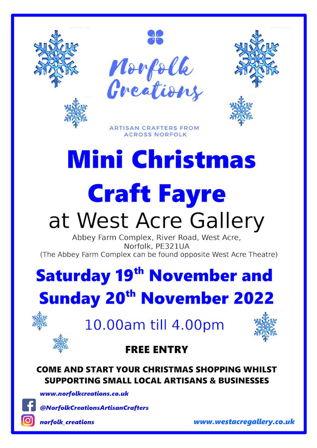 Norfolk Creations Mini Christmas Market, West Acre Gallery, Abbey Farm Complex, River Road, West Acre, Norfolk, PE32 1UA | Norfolk Creations' Mini Christmas Fayre | Christmas Market, Christmas Fayre, Christmas Gifts, Artisan Made, Fused Glass, Quilling, Christmas Food, Needlework,Wood Turning, Applique, Norfolk Artist