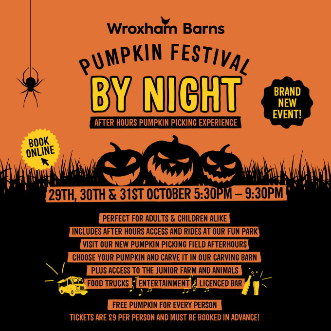 Wroxham Barns Pumpkin Festival By Night, Wroxham Barns, Tunstead Road, Hoveton, Norfolk, NR12 8QU | Pickin Pumpkins Afterhourse, enjoy Junior Farm, the Fun Park and evening entertainment! | Halloween, Pumpkin, Autumn