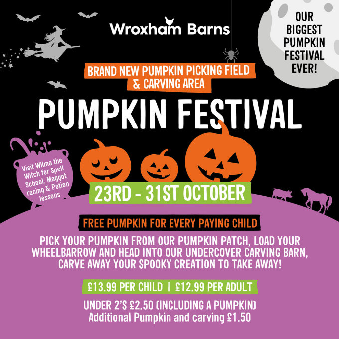 Wroxham Barns Pumpkin Festival, Wroxham Barns, Tunstead Road, Hoveton, Norfolk, NR12 8QU | Join the Wroxham Barns Team & Wilma Witch for a family filled day of Pumpkin Picking and all inclusive activities | Pumpkins, Halloween, Autumn