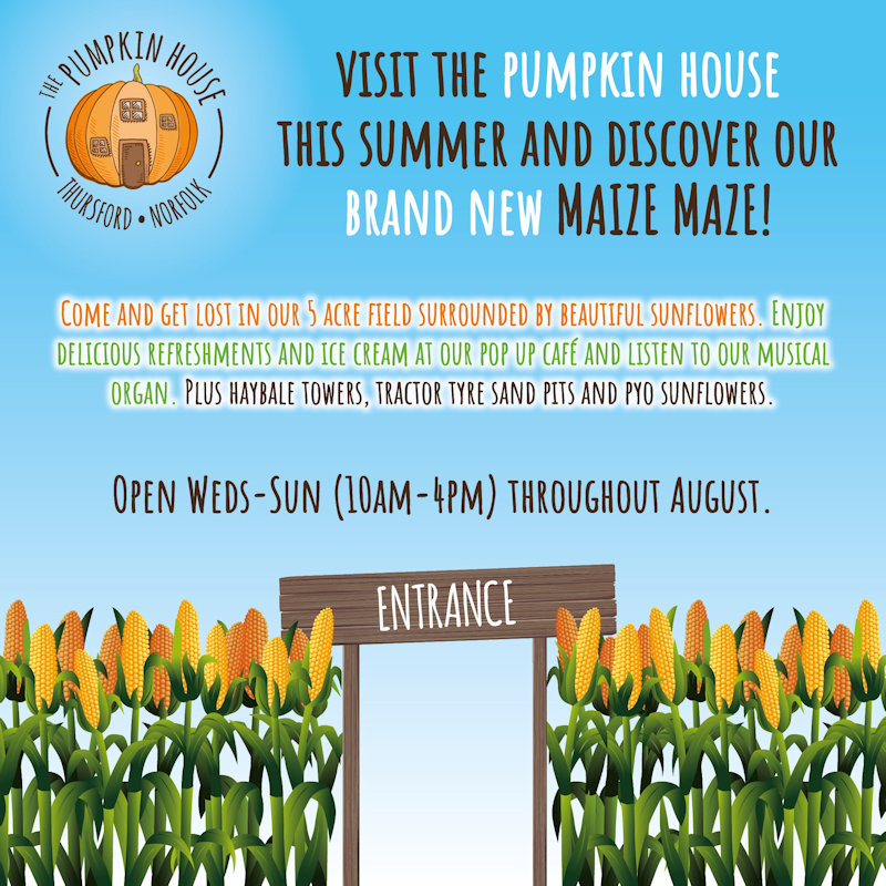 Maize Maze at The Pumpkin House, Brookhill Farm, Fakenham Road, Thursford, Fakenham, Norfolk, NR21 0BD | Come and explore our brand new Maize Maze - in the shape of a Pumpkin! | Maze Maize, Family activities, Farm, Kids