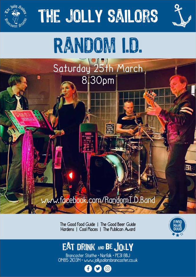 Random I.D live Music, The Jolly Sailors, Main road, Brancaster Staithe, United Kingdom, PE31 8BJ | Random I.D cover a variety of music so there will be something for everyone!  | Music, live music, free entry, beer, drink,