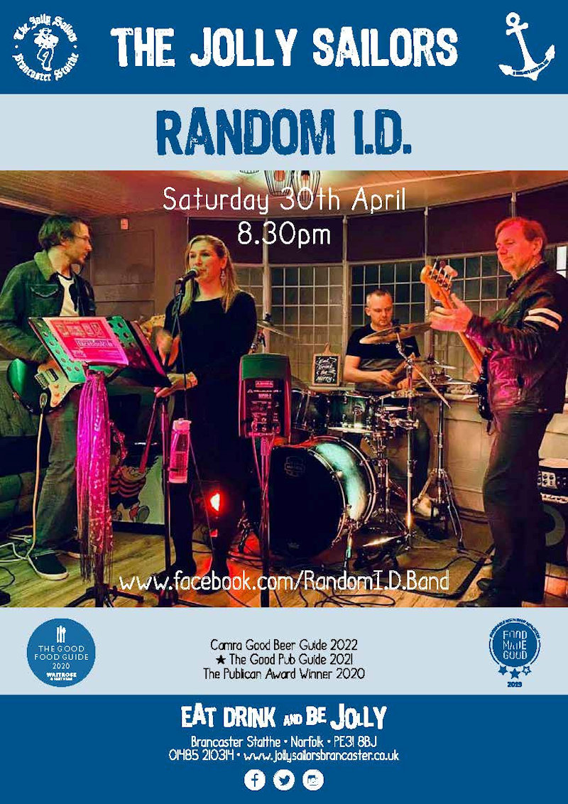 Random ID Live Music, The Jolly Sailors, Main Rd, Brancaster State, Norfolk, PE318BJ | Join us at The Jolly Sailors to enjoy a night of live music from Random ID | music, live music, free entry,