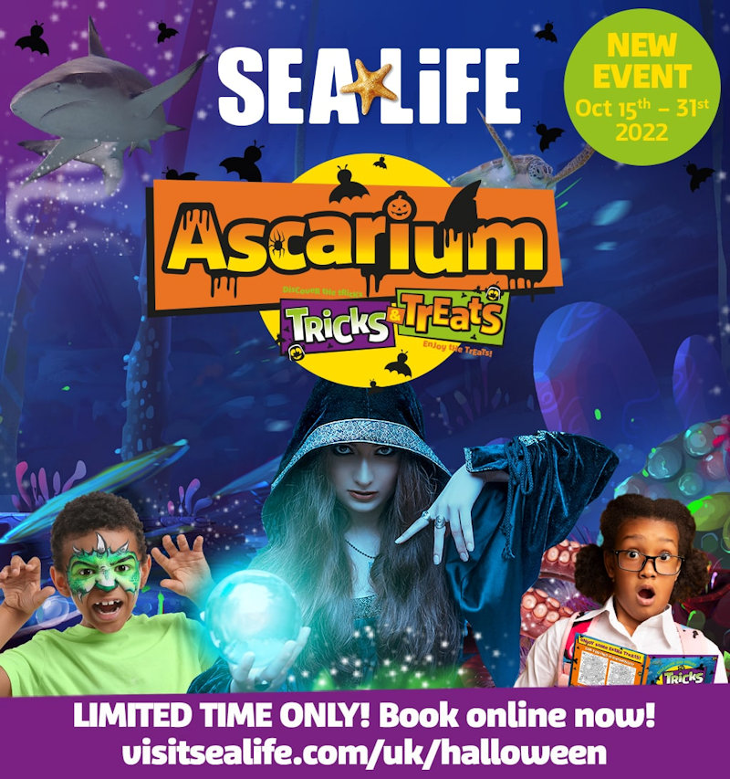 Ascarium - Tricks and Treats - Halloween, SEA LIFE Hunstanton, SEA LIFE Hunstanton, Seagate Road, Hunstanton, Norfolk, PE36 5BH | Help our Sea Witch and Warlock look after their ocean home and fellow sea creatures by completing magical challenges throughout the aquarium. | sea life, hunstanton, halloween,