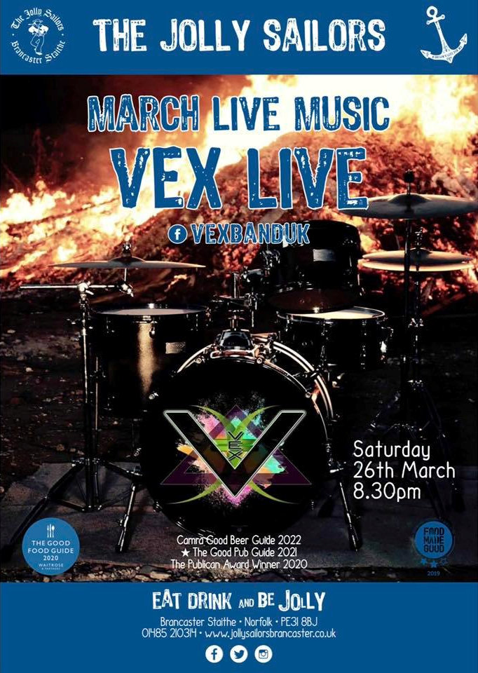 VEX! Live at the Jolly Sailors, The Jolly Sailors, Brancaster Staithe, Norfolk, PE318BJ | VEX! will be playing live at The Jolly Sailors on 26th March | music, live music, free entry,