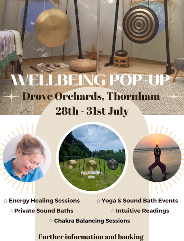 Wellbeing Pop-Up, Drove Orchards, Thornham Rd,, Thornham, Hunstanton, Norfolk, PE36 6LS | Wellbeing Pop-up at Drove Orchards offering 1-1 healing sessions, yoga and sound bath events. | sound bath, meditation, gong bath, healing, mindfulness, chakra balancing, wellness, healing, mediumship, psychic, destress, yoga, wild swimming